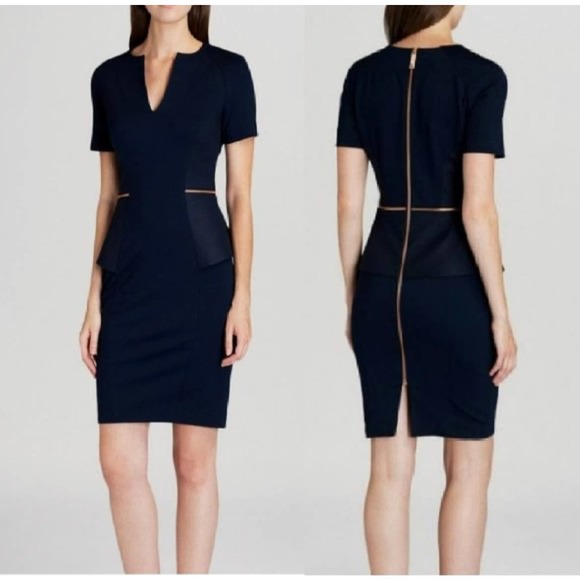 Ted Baker navy blue dress size 4 us 10 peplum rose gold zippers - Picture 1 of 13